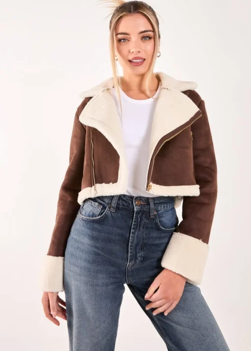 Pink Vanilla Brown Faux Shearling Collar Cropped Jacket