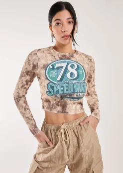 Pink Vanilla Brown Racer Washed Printed Long Sleeve Top