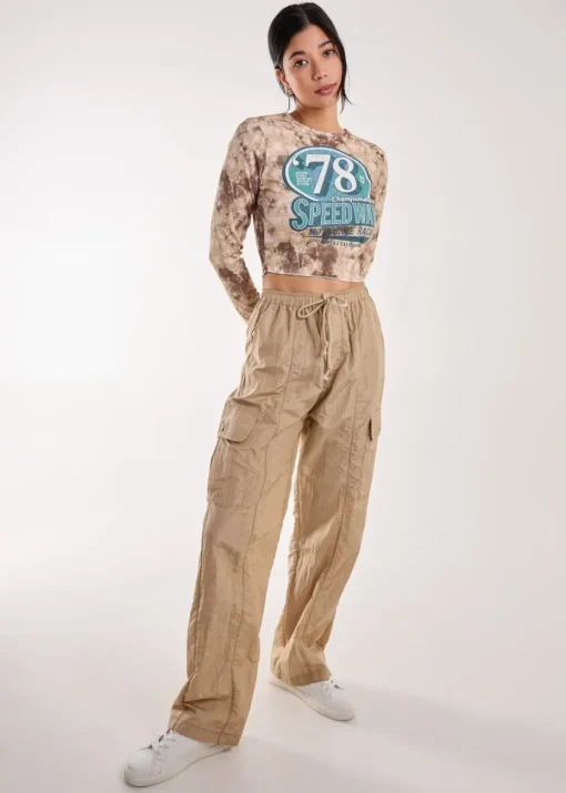Pink Vanilla Brown Racer Washed Printed Long Sleeve Top