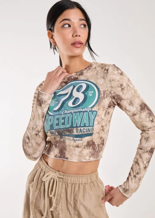 Pink Vanilla Brown Racer Washed Printed Long Sleeve Top