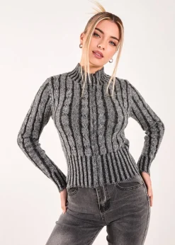 Pink Vanilla Dark Grey High Neck Zip Up Cable Knit