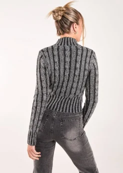 Pink Vanilla Dark Grey High Neck Zip Up Cable Knit