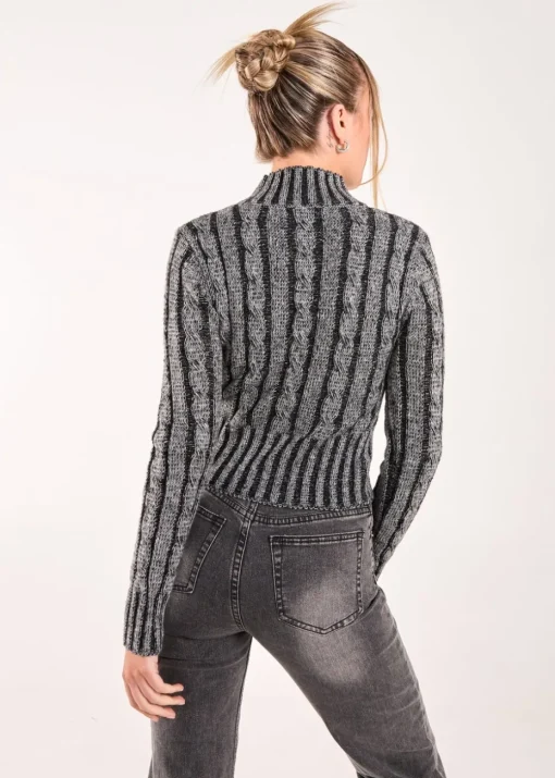 Pink Vanilla Dark Grey High Neck Zip Up Cable Knit