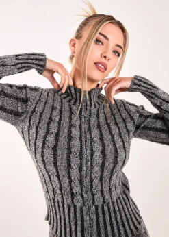 Pink Vanilla Dark Grey High Neck Zip Up Cable Knit