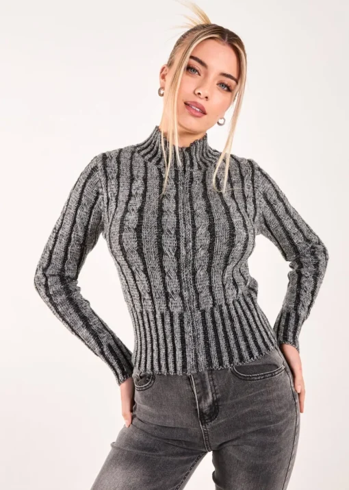 Pink Vanilla Dark Grey High Neck Zip Up Cable Knit