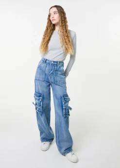 Pink Vanilla Denim Casual Pocket Cargo Jeans