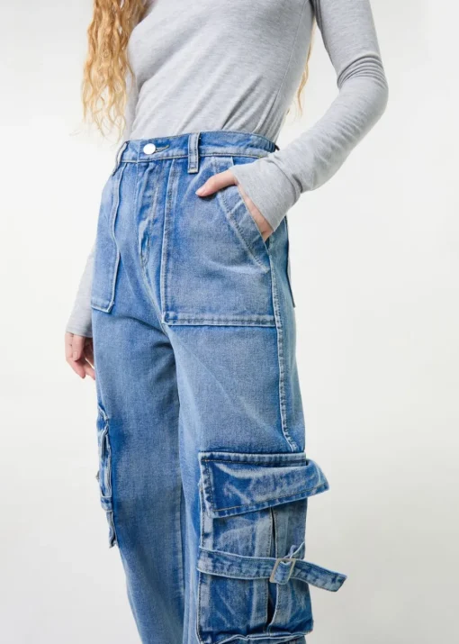 Pink Vanilla Denim Casual Pocket Cargo Jeans