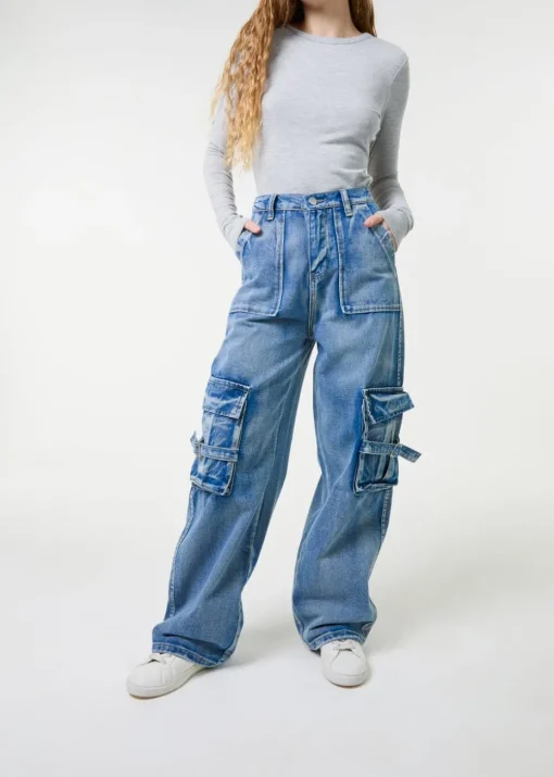 Pink Vanilla Denim Casual Pocket Cargo Jeans