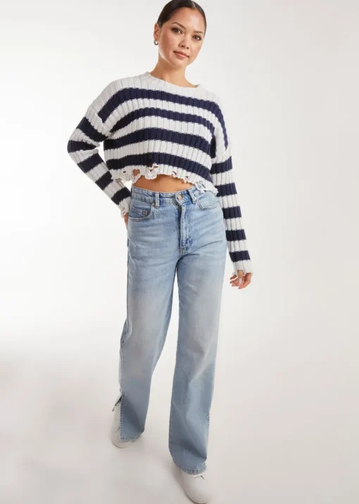 Pink Vanilla Distressed Striped Navy Crop Knit Jumper