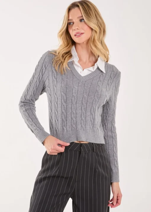 Pink Vanilla Grey Knitted Jumper with Shirt Detail