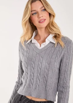 Pink Vanilla Grey Knitted Jumper with Shirt Detail