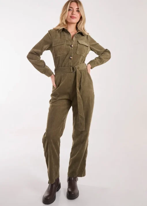 Pink Vanilla Khaki Corduroy Collar Long Sleeve Button Boilersuit