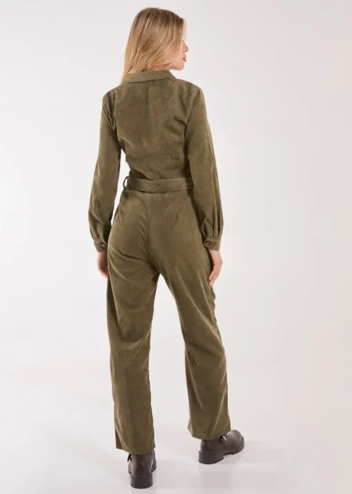 Pink Vanilla Khaki Corduroy Collar Long Sleeve Button Boilersuit