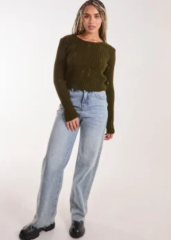 Pink Vanilla Khaki Distressed Long Sleeve Knitted Jumper