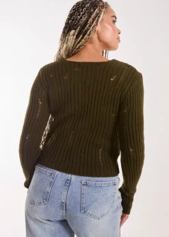 Pink Vanilla Khaki Distressed Long Sleeve Knitted Jumper
