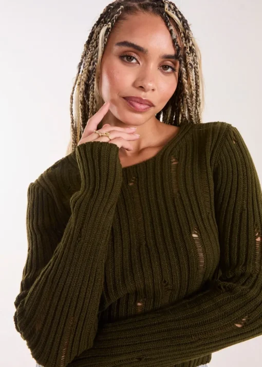 Pink Vanilla Khaki Distressed Long Sleeve Knitted Jumper