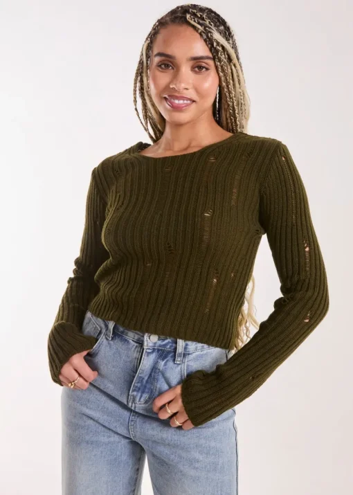 Pink Vanilla Khaki Distressed Long Sleeve Knitted Jumper