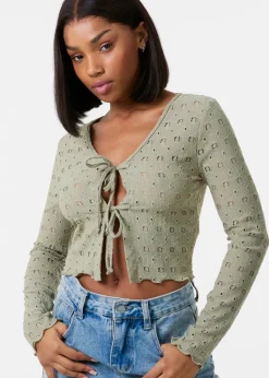 Pink Vanilla Khaki Tie Front Cutwork Cardigan