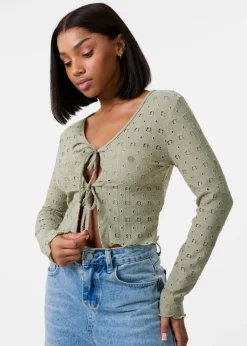 Pink Vanilla Khaki Tie Front Cutwork Cardigan