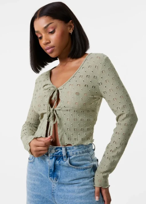 Pink Vanilla Khaki Tie Front Cutwork Cardigan