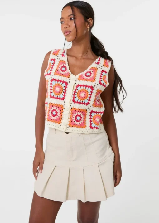 Pink Vanilla Multi Patchwork Crochet Waistcoat