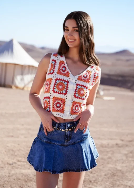 Pink Vanilla Multi Patchwork Crochet Waistcoat