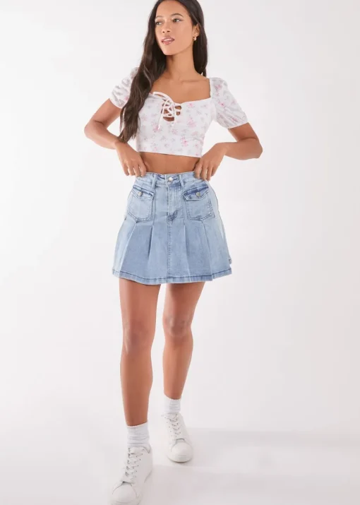Pink Vanilla Pink Floral Puff Sleeve Crop Top