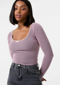 Pink Vanilla Pink Long Sleeve Rib Top with Bow