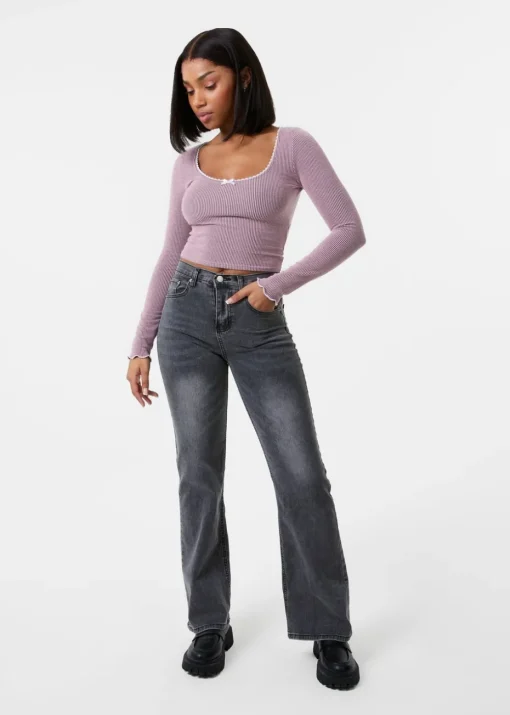 Pink Vanilla Pink Long Sleeve Rib Top with Bow