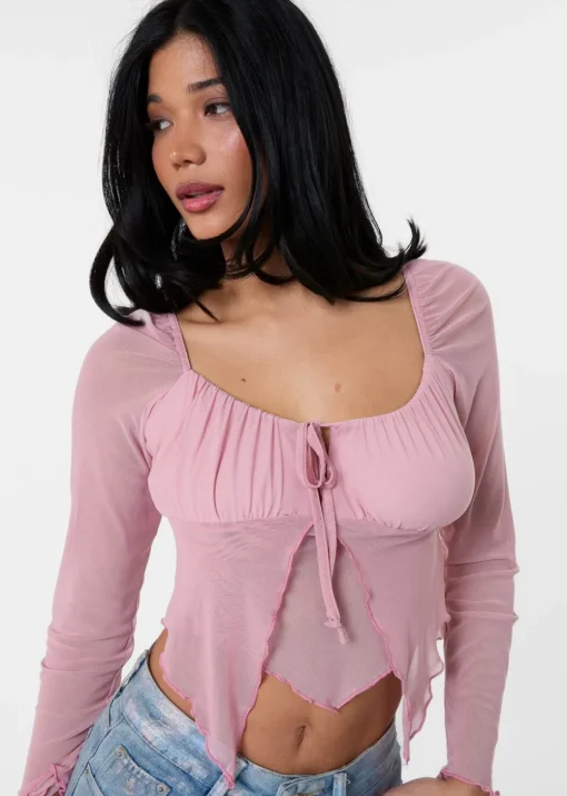 Pink Vanilla Pink Long Sleeve Mesh Butterfly Top