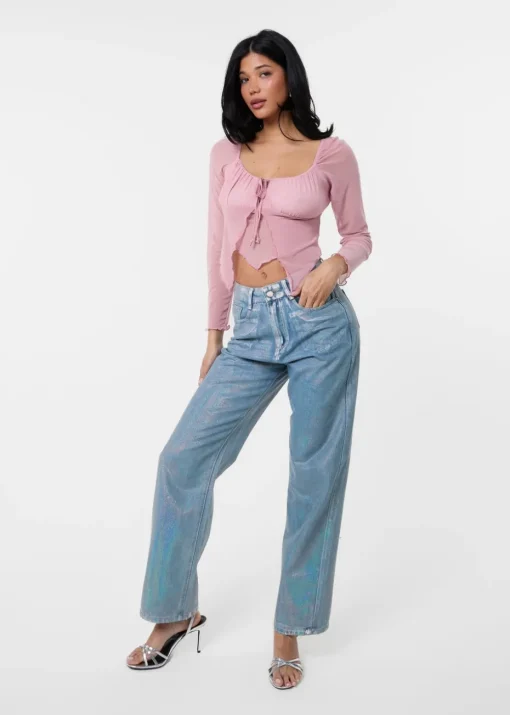 Pink Vanilla Pink Long Sleeve Mesh Butterfly Top