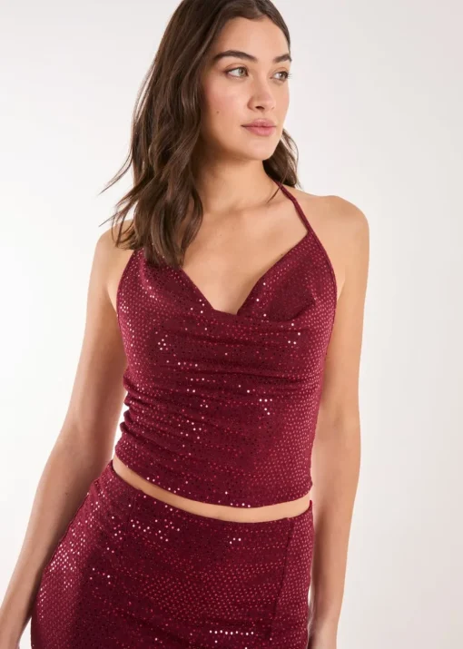 Pink Vanilla Red Mirror Sequin Halter Crop Top