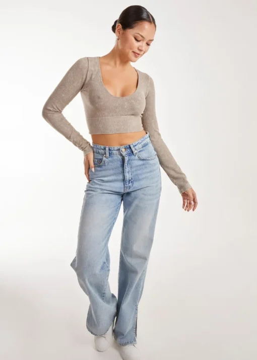 Pink Vanilla Stone Washed Rib Long Sleeve Top