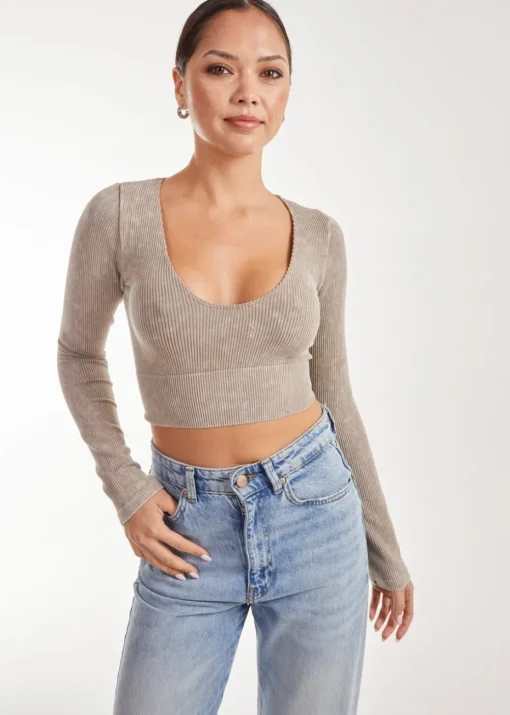 Pink Vanilla Stone Washed Rib Long Sleeve Top