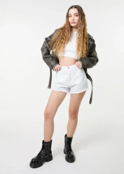 Pink Vanilla White Denim Glitter Effect Diamante Shorts