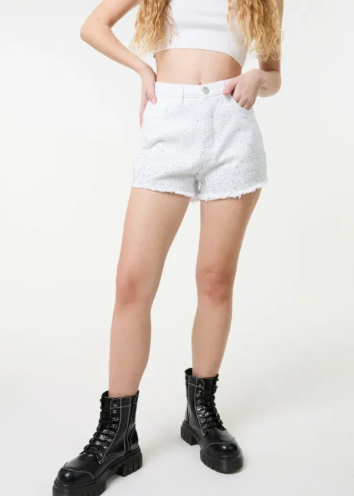 Pink Vanilla White Denim Glitter Effect Diamante Shorts