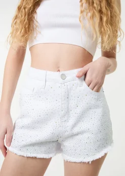 Pink Vanilla White Denim Glitter Effect Diamante Shorts