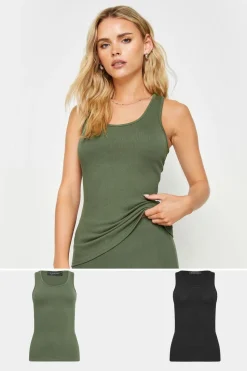 Pixiegirl 2 Pack Khaki Green & Black Ribbed Racer Back Vest Tops