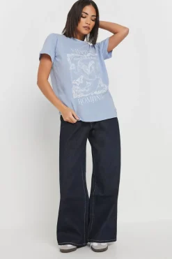 Pixiegirl Light Blue Vintage Romance Slogan T-Shirt