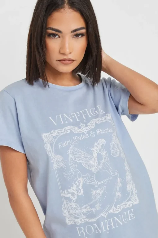 Pixiegirl Light Blue Vintage Romance Slogan T-Shirt