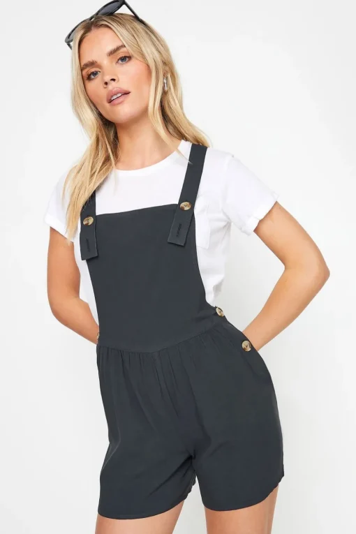 Pixiegirl Petite Black Acid Wash Short Dungarees