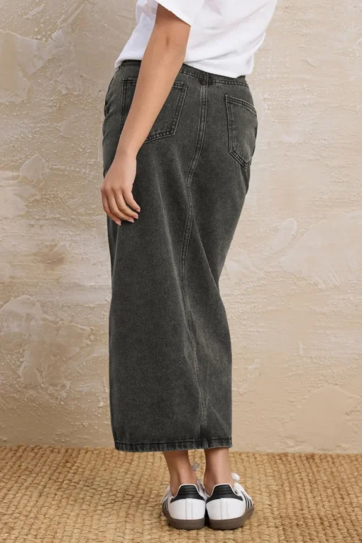 Pixiegirl Petite Black Denim Button Midi Skirt