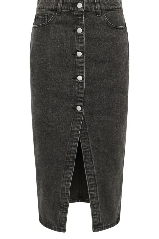 Pixiegirl Petite Black Denim Button Midi Skirt