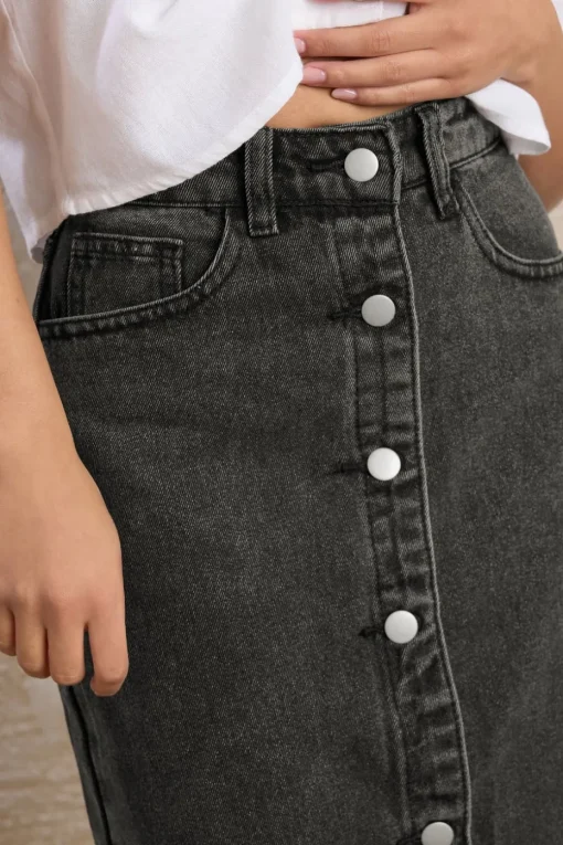 Pixiegirl Petite Black Denim Button Midi Skirt
