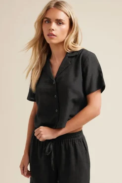 Pixiegirl Petite Black Linen Cropped Short Sleeve Shirt