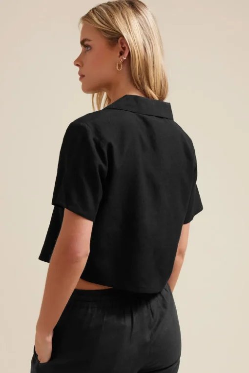 Pixiegirl Petite Black Linen Cropped Short Sleeve Shirt