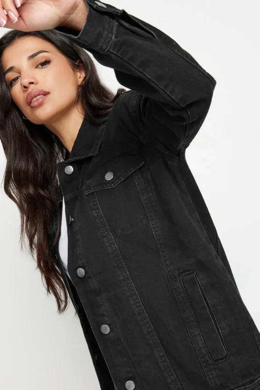 Pixiegirl Petite Black Washed Oversized Denim Jacket