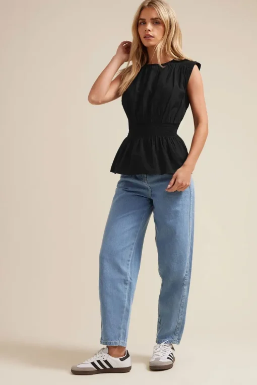 Pixiegirl Petite Black Woven Shirred Waist Top