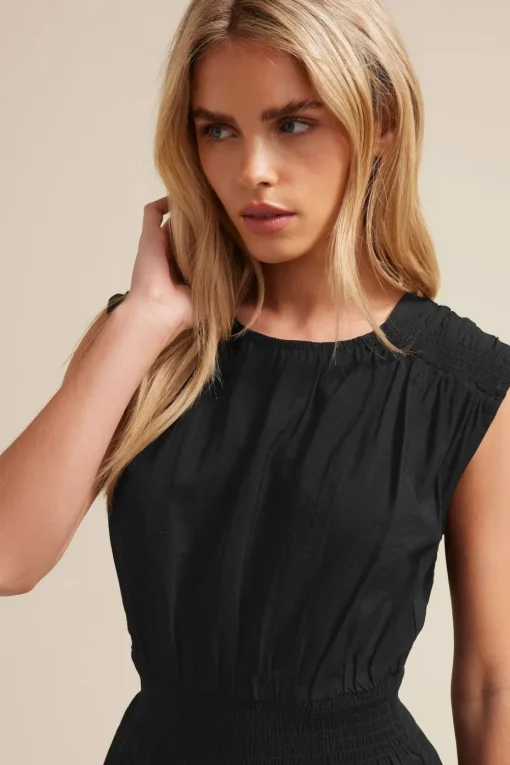 Pixiegirl Petite Black Woven Shirred Waist Top