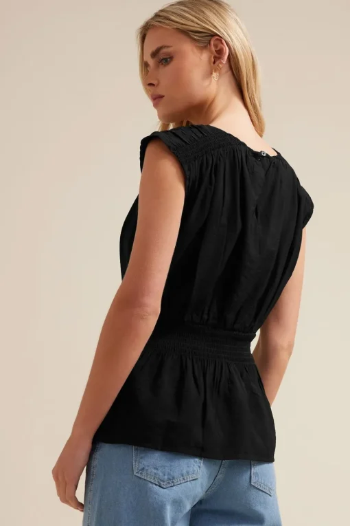 Pixiegirl Petite Black Woven Shirred Waist Top